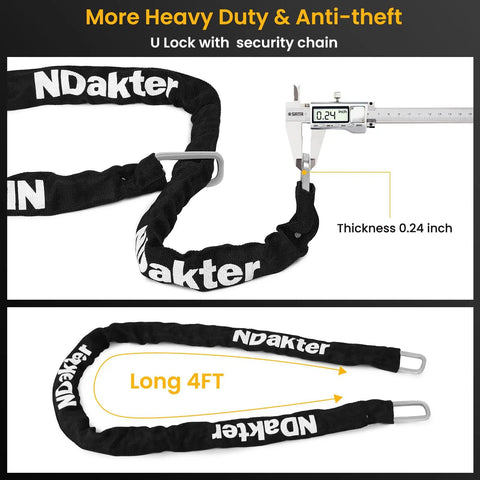 Beefy Heavy Duty 17mm U Lock With 4ft Chain And Mount Bracket For Bikes Electric Bikes Scooters Mopeds And Trikes Includes 3 Keys Anti Theft Security And Easy To Share With Family And Friends, 0.24-inch chain thickness