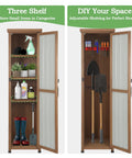 62 Inch Tall Narrow Outdoor Storage Cabinet With Metal Top Waterproof All Weather Unit showing adjustable shelves with tools and garden supplies