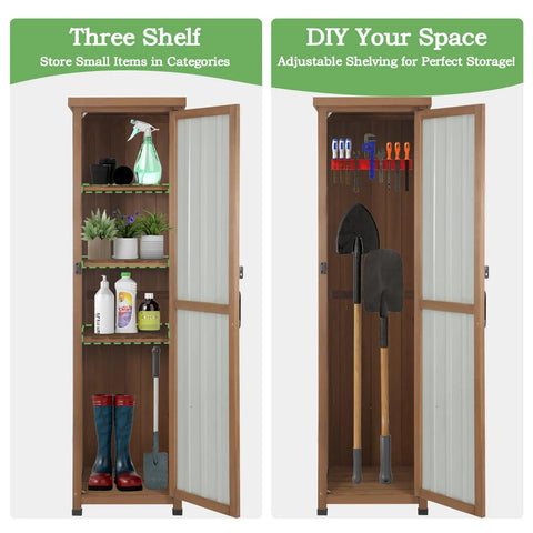 62 Inch Tall Narrow Outdoor Storage Cabinet With Metal Top Waterproof All Weather Unit showing adjustable shelves with tools and garden supplies