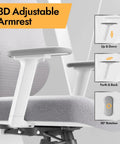 3D adjustable armrest on ergonomic mesh office chair with 3D lumbar support, white breathable mesh for comfort.