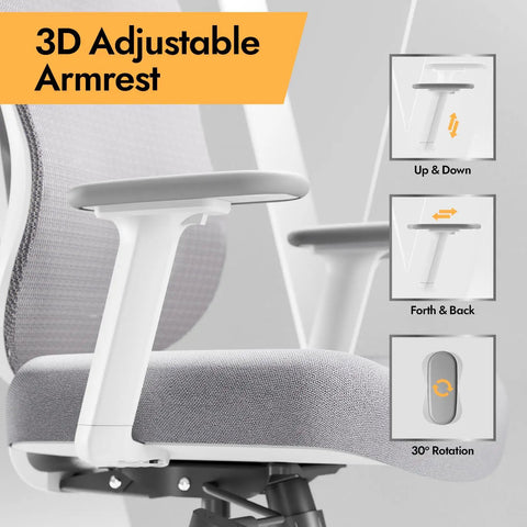 3D adjustable armrest on ergonomic mesh office chair with 3D lumbar support, white breathable mesh for comfort.