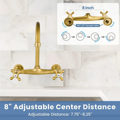 Antique Brass Wall Mount Kitchen Faucet With 8 Inch Center, 360 Degree Swivel Spout, shown with adjustable female thread.