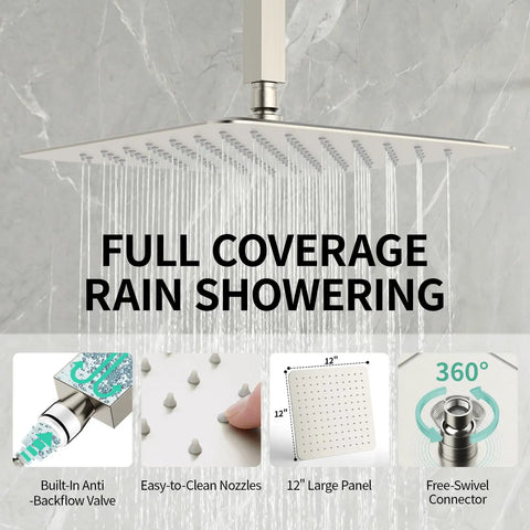 High Quality Ceiling Mount Rain Shower System In Brushed Nickel Featuring A Slick Pressure Balance Valve That Kills Water Hammer Noise For A Truly Top Notch Bathroom Setup