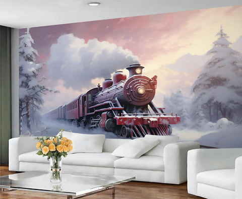 Steam Engine Train Wallpaper Mural For Living Room And Boys Room Removable Locomotive Wall Covering Retro Large Train Murals Christmas Theme