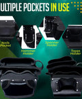 Close-up of oil tanned leather tool belt with multiple pockets and holsters, showcasing compartments for various tools.
