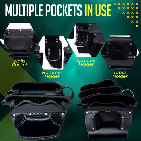 Close-up of oil tanned leather tool belt with multiple pockets and holsters, showcasing compartments for various tools.