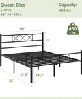 Queen Size Bed Frame With Integrated Headboard, Hella Sturdy Steel Base, Built Like A Tank For Serious Support, Zero Box Spring Drama Required, Effortless Assembly Design In Classic Matte Black dimensions and capacity illustration