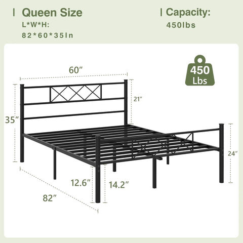 Queen Size Bed Frame With Integrated Headboard, Hella Sturdy Steel Base, Built Like A Tank For Serious Support, Zero Box Spring Drama Required, Effortless Assembly Design In Classic Matte Black dimensions and capacity illustration