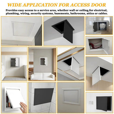 Hella Sturdy Aluminum Drywall Access Panel 16x30 Magnetic Push To Open Inspection Hatch with various views in home settings.