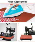 15 X 15 Inch Silicone Heat Press Pad 0.3 Inch Thick Flat Transfer Cushion demonstrated with iron and heat press machines