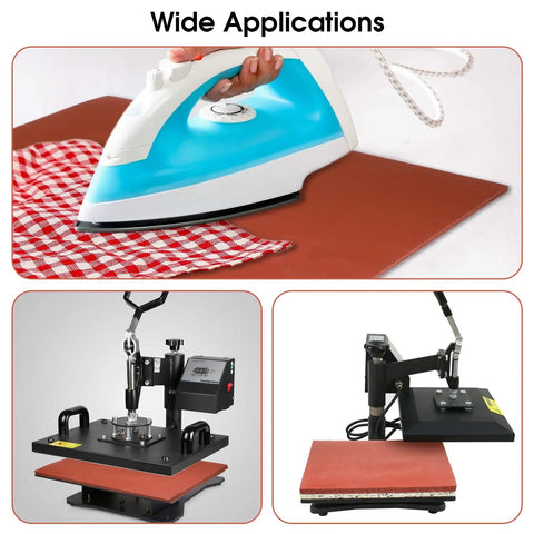 15 X 15 Inch Silicone Heat Press Pad 0.3 Inch Thick Flat Transfer Cushion demonstrated with iron and heat press machines