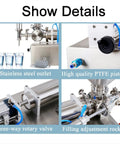 Built Tough Pneumatic Bottle Filler For Thick Liquids And Paste Stainless Steel Single Head Non Drip Adjustable Speed And Timing 250 To 2500 Ml Pro Grade Setup That Works Like A Dream In Any Workshop close-up of stainless steel outlet and high quality PTFE piston.