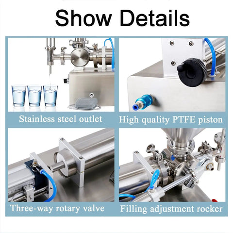 Built Tough Pneumatic Bottle Filler For Thick Liquids And Paste Stainless Steel Single Head Non Drip Adjustable Speed And Timing 250 To 2500 Ml Pro Grade Setup That Works Like A Dream In Any Workshop close-up of stainless steel outlet and high quality PTFE piston.