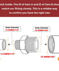 Diagram showing dimensions comparison for Rock Solid Three Eighths Inch NPT To One Quarter Inch NPT Stainless Steel Hex Nipple Hose Connector Adapter
