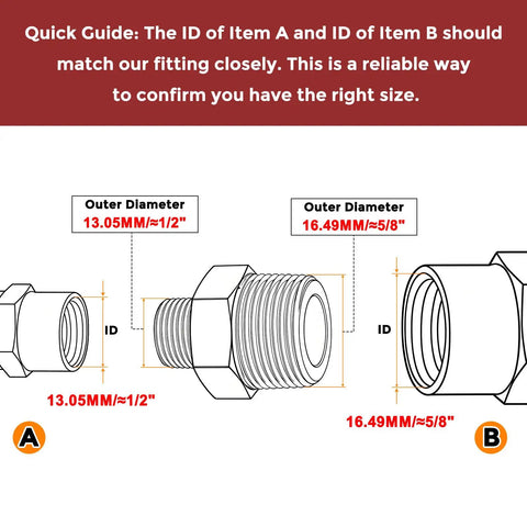 Diagram showing dimensions comparison for Rock Solid Three Eighths Inch NPT To One Quarter Inch NPT Stainless Steel Hex Nipple Hose Connector Adapter