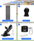 Upgraded 5 Ft Stainless Steel Flagpole Kit With Rock Solid Outdoor Bracket And Smooth 360 Swivel Rings Built Tough components including flagpole parts.