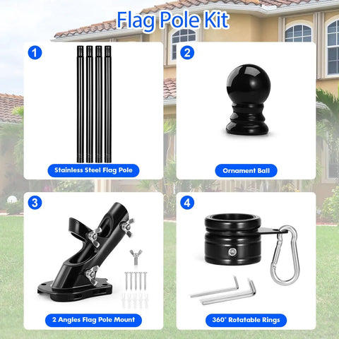 Upgraded 5 Ft Stainless Steel Flagpole Kit With Rock Solid Outdoor Bracket And Smooth 360 Swivel Rings Built Tough components including flagpole parts.