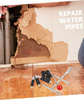 Emergency Water Pipe Repair Kit Grab-And-Go Quick Leak Fix Tool displayed with plumbing tools and wall damage