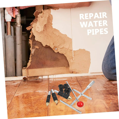 Emergency Water Pipe Repair Kit Grab-And-Go Quick Leak Fix Tool displayed with plumbing tools and wall damage