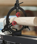 Rock Solid Woodturning Steady Rest For 12 14 And 16 Inch Swing Lathes adjusts to diameter, stabilizing a wood piece during turning.