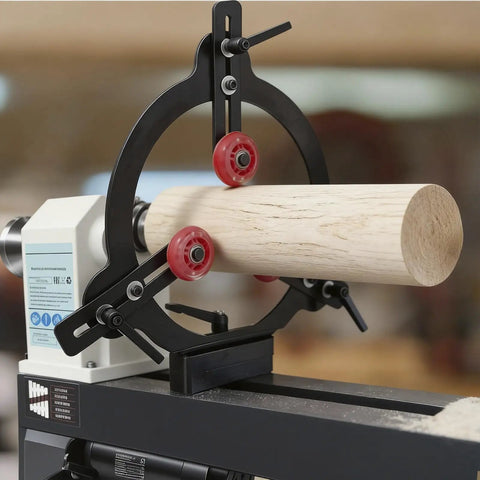 Rock Solid Woodturning Steady Rest For 12 14 And 16 Inch Swing Lathes adjusts to diameter, stabilizing a wood piece during turning.