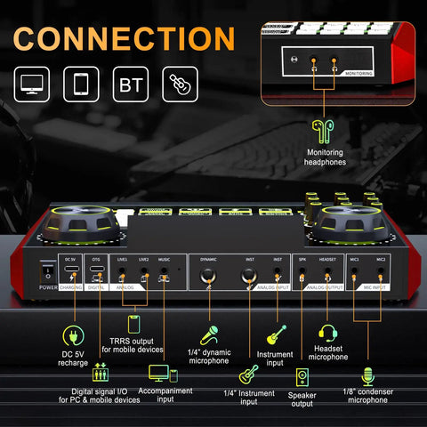 Pro Gaming Audio Mixer For Streaming And Podcasting With Built In Voice Changer USB Audio Interface DJ Style Mixer connections
