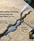 Rock Solid Self Leveling Concrete Crack Filler Two Pack Liquid Repair Sealant applied into concrete cracks, demonstrating self-leveling technology.