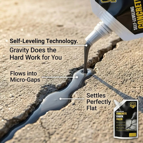 Rock Solid Self Leveling Concrete Crack Filler Two Pack Liquid Repair Sealant applied into concrete cracks, demonstrating self-leveling technology.