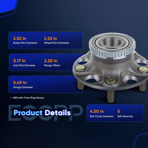 Image of Rear Wheel Hub and Bearing Assembly 512188 Replacement for Acura TL 2004 to 2008 and Honda Accord 2003 to 2007 with dimensions.
