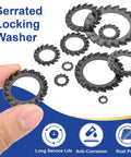 Hand holding External Tooth Lock Washers M4 Serrated Locking Washers, Carbon Steel Heavy Duty Fasteners Pack of 100 with black finish