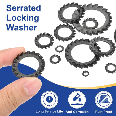 Hand holding External Tooth Lock Washers M4 Serrated Locking Washers, Carbon Steel Heavy Duty Fasteners Pack of 100 with black finish