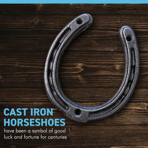 Authentic Handmade Cast Iron Horseshoe Wall Decor Heavy Duty Good Luck Charm Wedding Present Includes Hardware on wooden background.