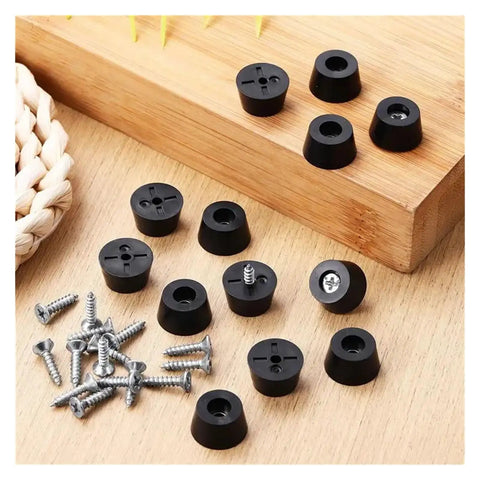 Screw-On Rubber Feet Set For Furniture And Appliances, 240-Piece PVC Foot Pads With Stainless Steel Washers shown with screws