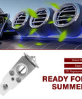 Auto AC Expansion Valve Replacement For Most Cars with durable silver finish shown above car air vents, ready for summer cooling.