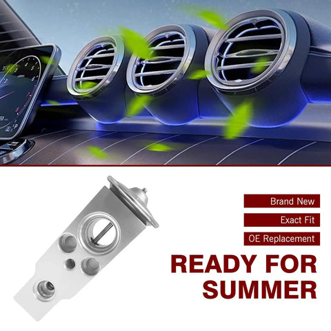 Auto AC Expansion Valve Replacement For Most Cars with durable silver finish shown above car air vents, ready for summer cooling.