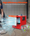 Tabletop Dust Collector For Woodworking in action, showing air filtration with built-in ionizer and timer, sleek red metal housing