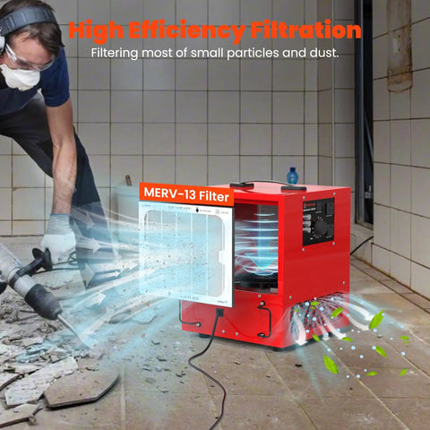 Tabletop Dust Collector For Woodworking in action, showing air filtration with built-in ionizer and timer, sleek red metal housing