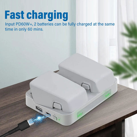 Two Way Dual Battery Charger Hub for Drones, 60W Fast Charging Station with LED Indicator on desk