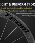 Close-up of carbon spokes on Carbon Disc Brake Wheelset 50mm Deep Tubeless Rim 28mm Wide With Ceramic NBK Bearings And Ratchet System