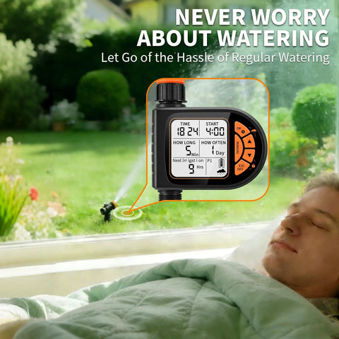 Plug And Play Programmable Sprinkler Timer with LCD display next to sleeping person by watered garden, showcasing automation.