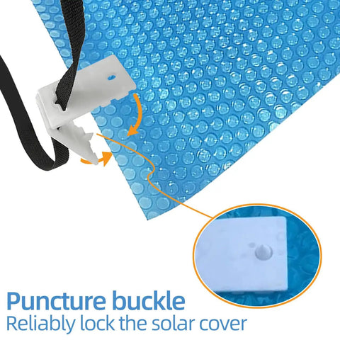 No Sweat Universal Pool Solar Cover Reel Attachment Kit Slick Heavy Duty Strap Hardware For In Ground Pools Plug And Play quick install puncture buckle detail.