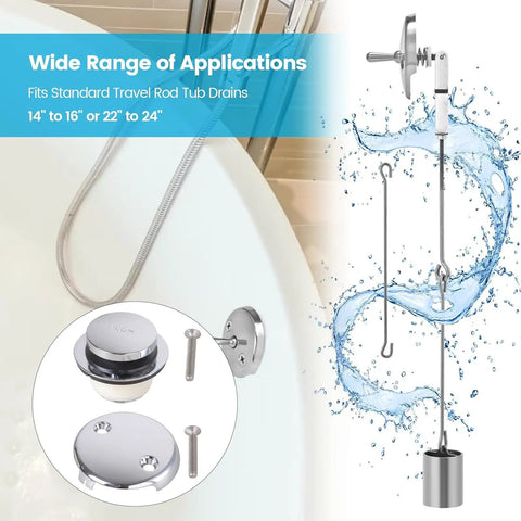 Easy Installation Bath Tub Drain Set for Bathtubs with stainless steel parts, fits 14" to 16" or 22" to 24" drains.