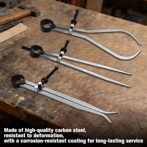 8 Inch Spring Caliper And Divider Set For Wood Turning And Lathe Work Carbon Steel Long Inside And Outside Calipers With Lockable Springs Three Piece Measuring Kit For Precise Pro Grade Use In The Shop displayed on a workbench
