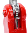 Close-up of Premium Metal Badge Machine Button Maker showing red ergonomic handle and metal mechanisms for DIY gifts and crafts.