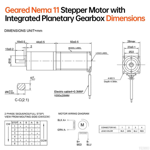 Technical diagram of 100 To 1 Beefy Geared Nema 11 Stepper Motor With Integrated Planetary Gearbox for CNC and 3D Printer DIY Projects.