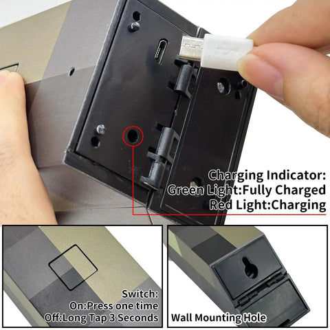 Charging port and indicators of Glow Torch Wall Lamp With 7 Color Night Light, showing micro USB connection and status lights.