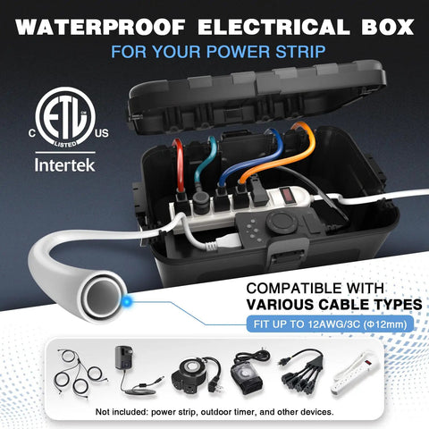 Large Outdoor Electrical Box Weatherproof IP54 Heavy Duty Extension Cord Cover Protect Outlets Plugs Sockets Timers Power Strips Black