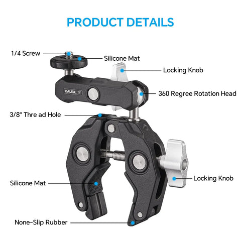 Heavy Duty Clamp Mount With 360 Degree Ballhead, Magic Arm And Double Ball Head, product details with labeled features