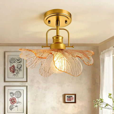 Modern Brass Ceiling Pendant Light With Green Glass Flower Shade Gold Ceiling Lamp For Bedroom Living Room Dining Room And Hallway E26 110V Semi Flush Mount Chic Boss Home Lighting That's Straight Up Lit