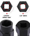 Close-up of 13 Piece Impact Bolt And Nut Remover Set with hex adapters showing 6-point spiral grip and 3/8 inch drive features.